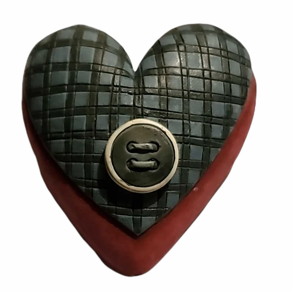 Wooden Heart Brooch Dark Green Plaid With a Matching Button